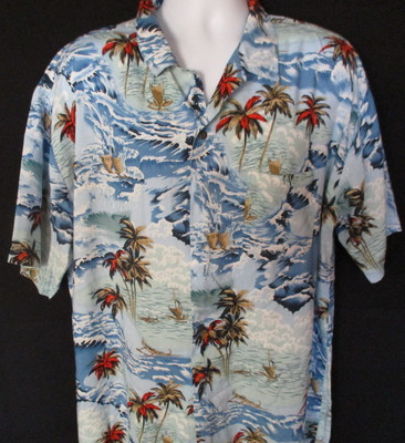 Pineapple Connection Hawaiian Style Shirt, Waves, Boats, & Palm Print, S/S, XL