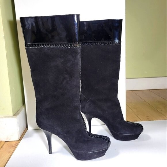 SAINT LAURENT Stivali a stiletto alti al ginocchio YSL plateau pelle scamosciata con finiture in pelle scamosciata neri US 7 EU 37