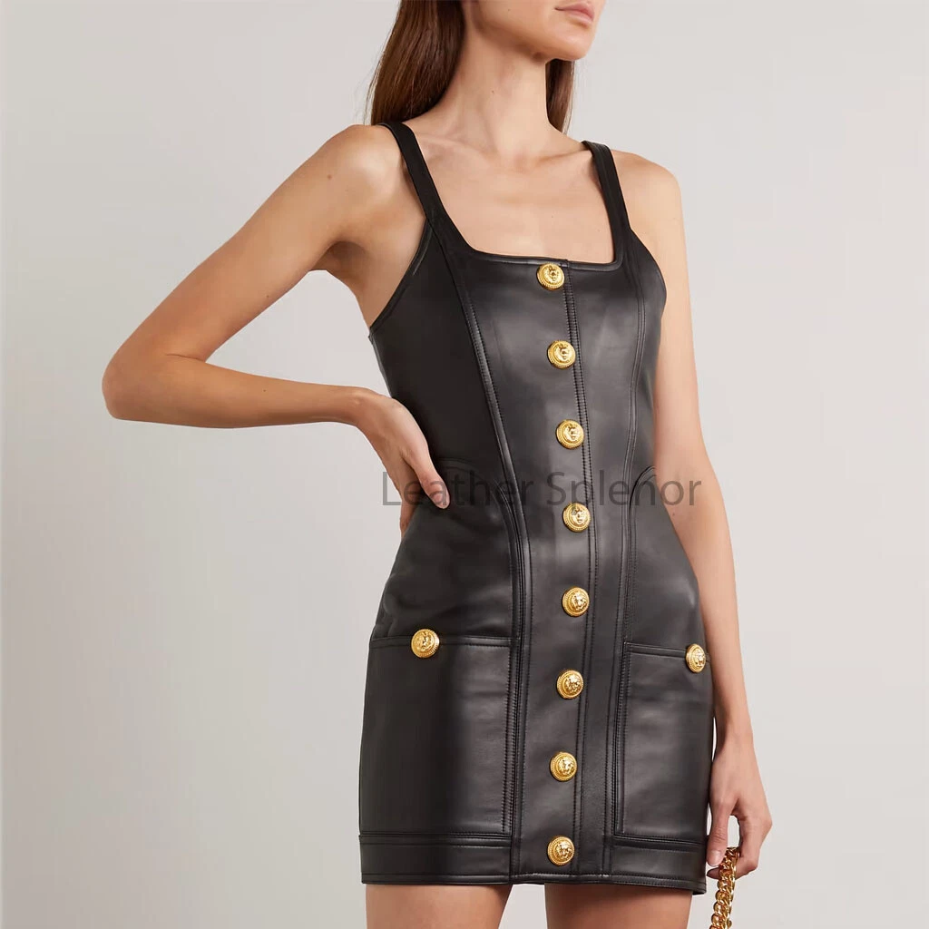 Button Detailed Women Stunning Black Leather Dress Paneled Mini eBay