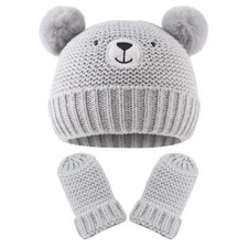 Cute Bear Baby Beanie Set Pompom Hat Mittens Infant Toddler Boys Girls Winter