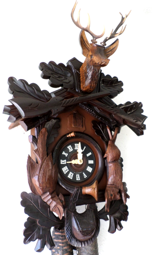 BREATHTAKING LARGE BLACK FOREST GERMAN 8 DAY DEEPLY CARVED HUNTER CUCKOO CLOCK! - Picture 7 of 11