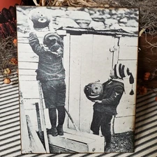 PRIMITIVE VINTAGE STEAMPUNK RETRO STYLE SIGN BOYS PHOTO HALLOWEEN PUMPKIN SIGN