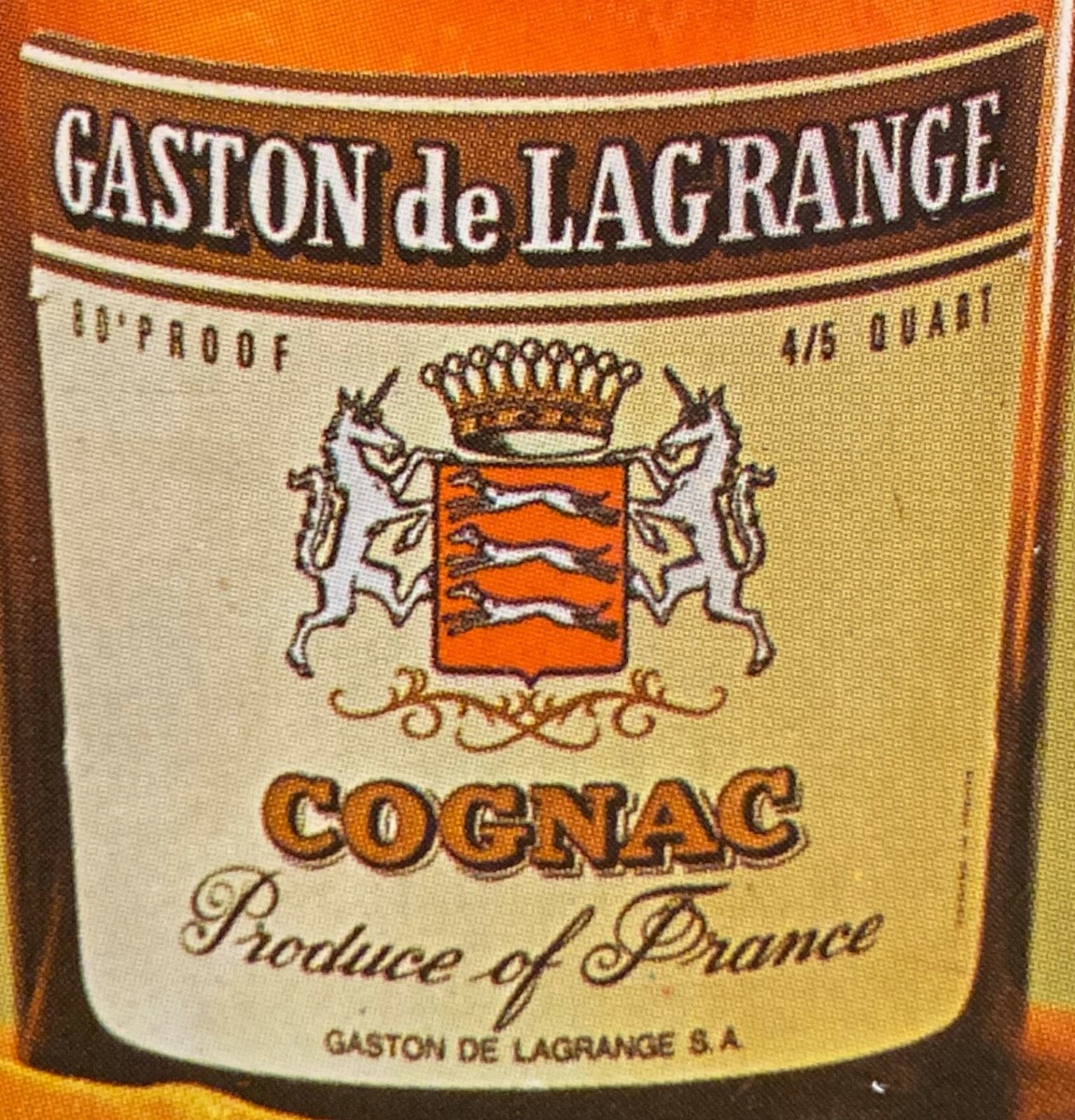 1960c **GASTON DE LAGRANGE** (COGNAC) PARK, BENZIGER & CO. N.Y.