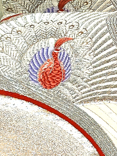 Vintage Japanese Peach/Silver/Ivory Silk ‘Peacocks’ Full Fukuro-Obi For Kimono - Picture 12 of 24