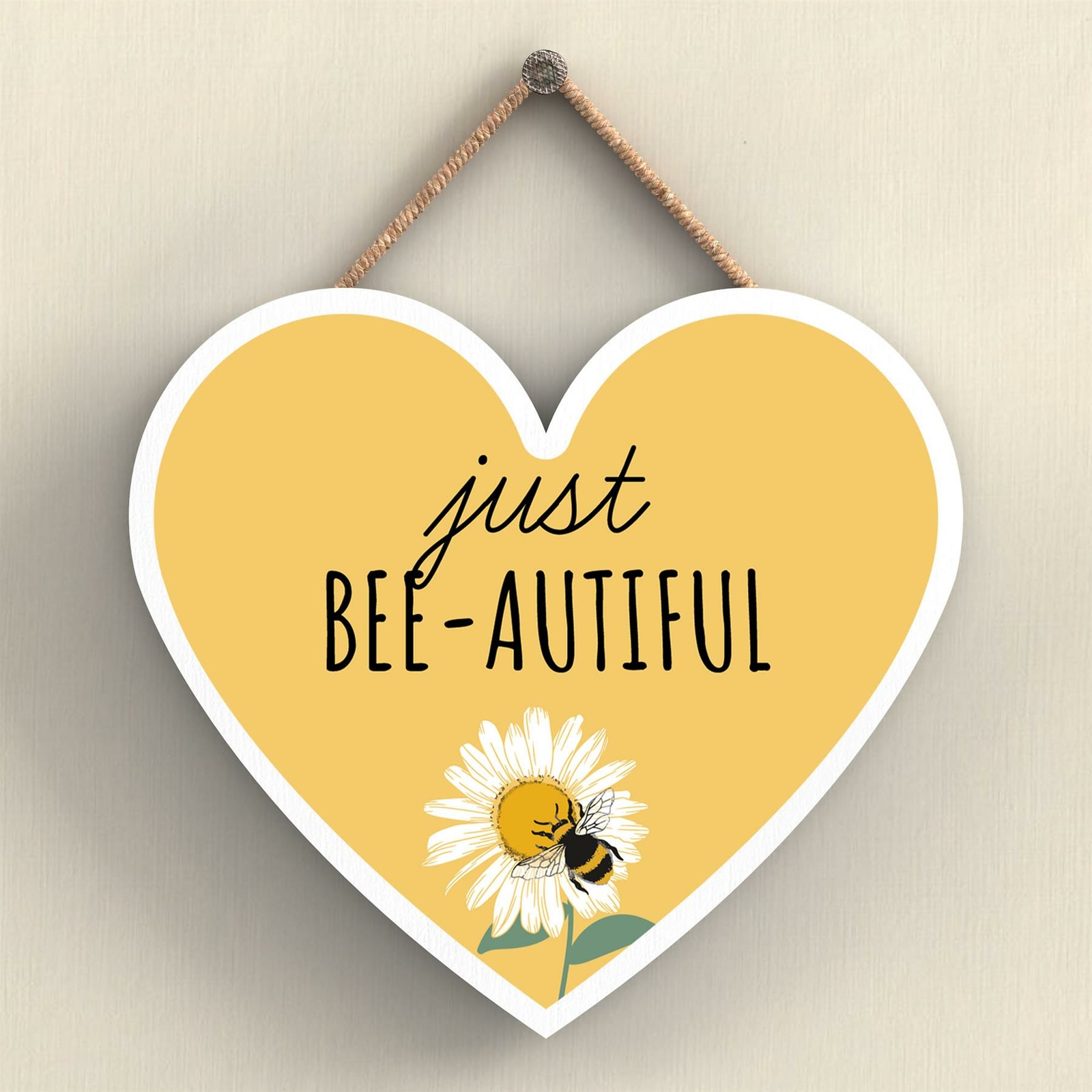 JUST BEE-AUTIFUL YELLOW BEE THEMED DECORATIVE WOODEN HEART SHAPED HANGING PLAQUE