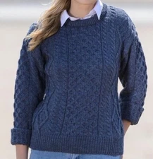 Aran Sweater Market XL Caspian Blue Cable Knit Crew Neck 100% Wool NWT!