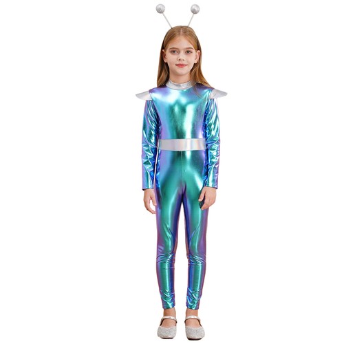 Kinder Mädchen Alien Overall Weltraum Body mit Kopfbedeckung Halloween Outfit - Bild 5 von 30