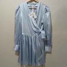 LilySilk Dress Womens Medium Blue Linaria Wrap 100% Mulberry Silk Ruffle NWT