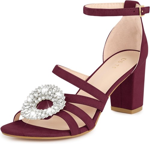 Allegra K Women's Open Toe Crystal Rhinestone Buckle Chunky Heel 9, Burgundy