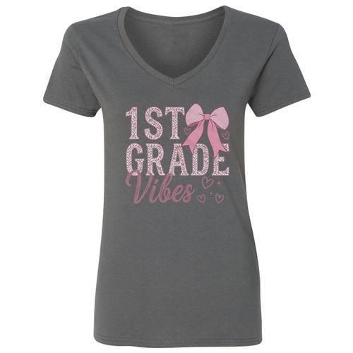 First Grade Vibes Pink Bow Back to School Minimalist Ladies' V-Neck Tshirt