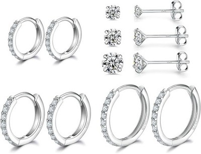 Aretes De Plata Esterlina Conjunto 6 Pares Hipoalergenicos Con Zirconia Cubica