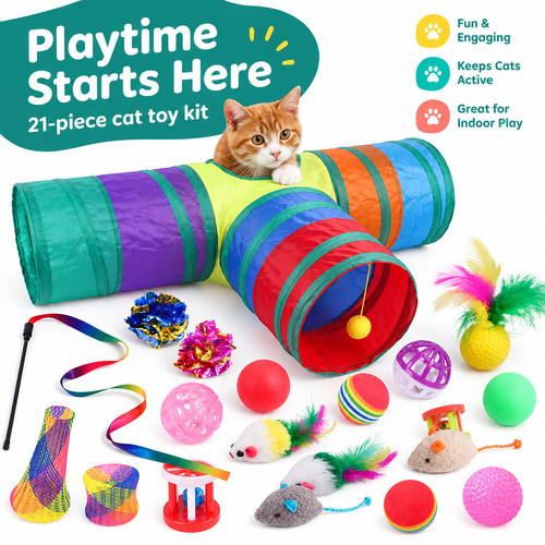 Cat Toy Set 21 Piece Cat Tunnel Feather Teaser Ball Kitten Toys UK