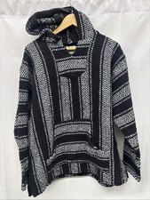 VTG BAJA JOE Pullover Poncho Hippie Boho Mexican Surf Hooded Drug Rug 2XL