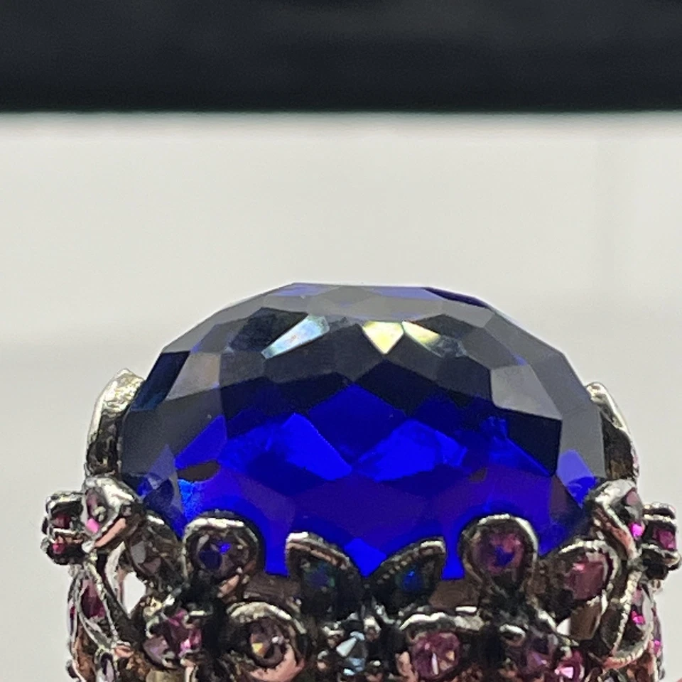 Anillo grande de vidrio facetado azul cobalto con flores de espinela 925 Foto 3 de 4