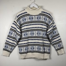 VTG 90s French Navy Nordic Sweater Mens SZ L Cream Blue Fair Isle USA Made