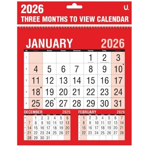 MARTELLO UK Red & Black 2026 Three Month To View Planner - Dates Planning Family Wall Hang