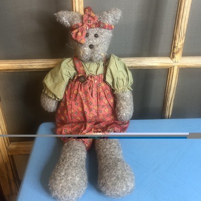 Handcrafted Gray Cat 21'' Tall, Clothes, Headband Matches Romper, Green Shirt