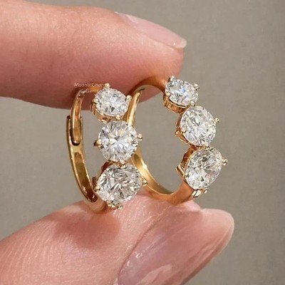 14K Yellow Gold Plated 2CT Round Cut Real Moissanite Women's Hoop Earrings