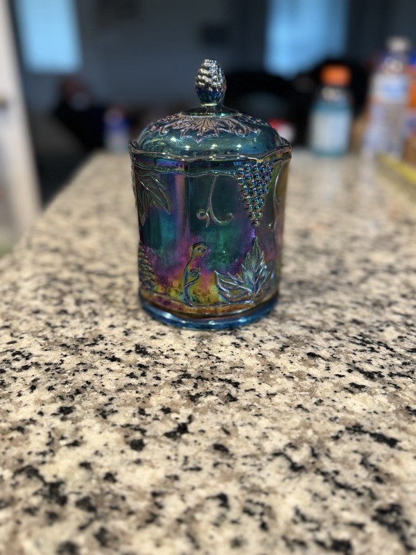 Vintage Indiana Glass, Blue Carnival Jar With Lid, Harvest Grape Pattern