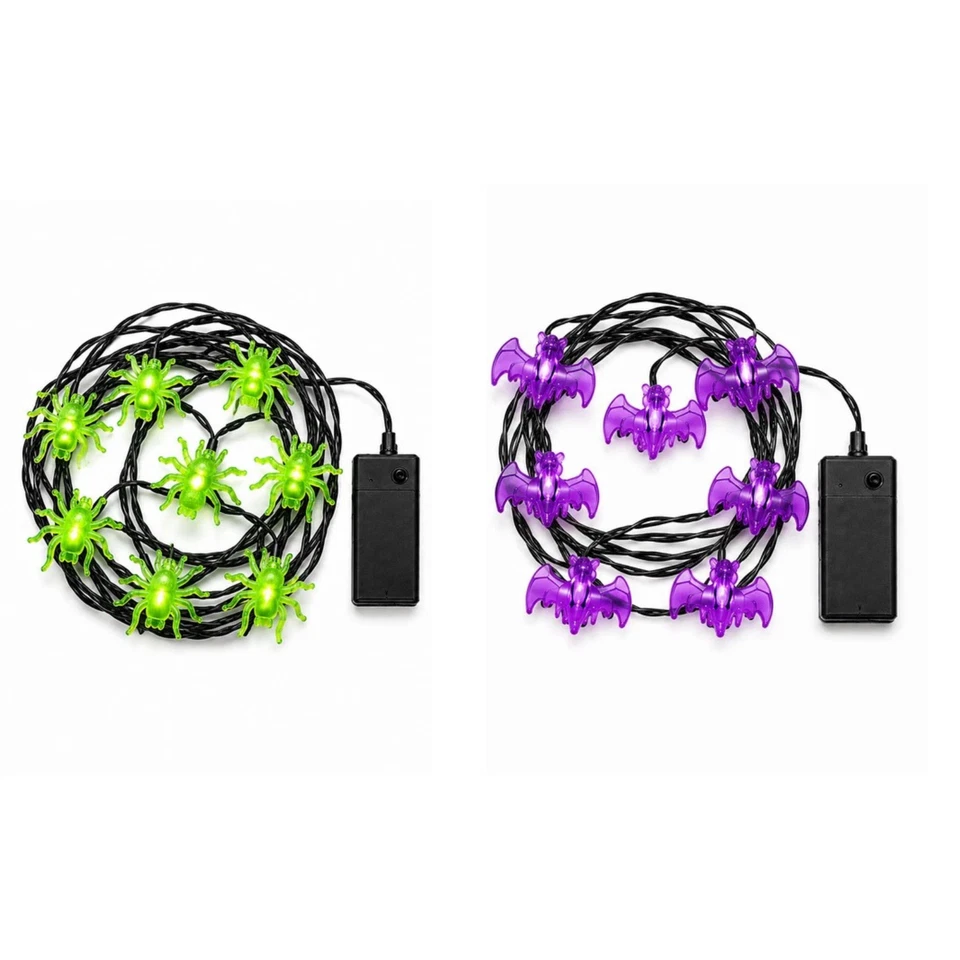 Guirlande Lumineuse LED Halloween Alimentée par Batterie Araignée Bat Blanc Chaud 8 LED Décoration - Photo 1/1