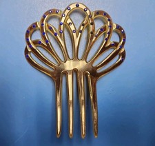VTG Art Deco Celluloid Hair Comb Amber Blue Rhinestones 5.5 Inch