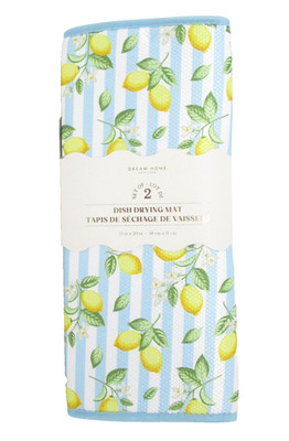 Dish Drying Mats 2 pc Set Fresh Lemons Blue Stripes reverse to solid 15x20'' mat