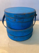 7 1/4" Old Firkin/Sugar Bucket/Wooden Blue Paint-Pantry Box-Spice Box-Primitive