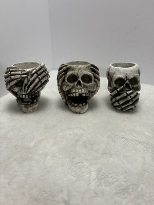 See No Hear No Speak No 2'' Skeleton Head Skull Figurine Tea Light Holders 3 pcs
