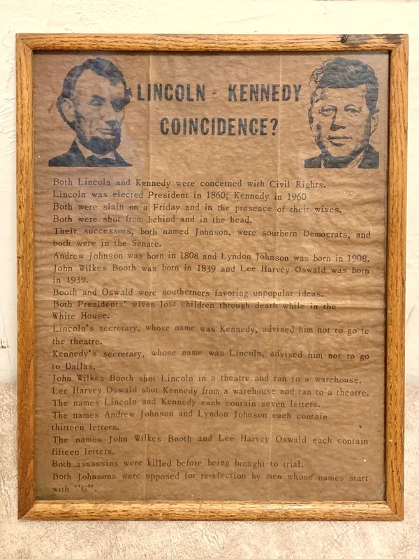 Framed Lincoln Kennedy Coincidence Conspiracy Parchment Paper Historical 15x12"