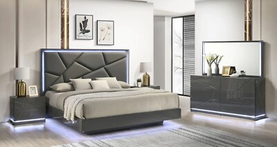 NEW Modern Italian LED 4PC Gloss Gray Queen King Contemporary Bed Set B/D/M/N