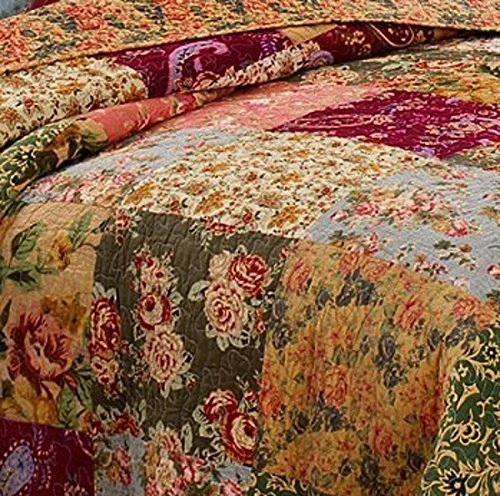 HERMOSO JUEGO DE COLCHA COLCHA COLCHA XXL VINTAGE PATCHWORK VERDE AZUL ROSA ROJO Foto 2 de 2