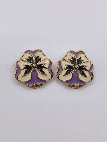 bob mackie clip on earrings Enamel Flower Purple Cream - Picture 6 of 9