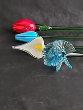 4 Vintage Art Hand Blown Glass Long Stem Flowers 19.5"- 15.25" Roses Calla Lily