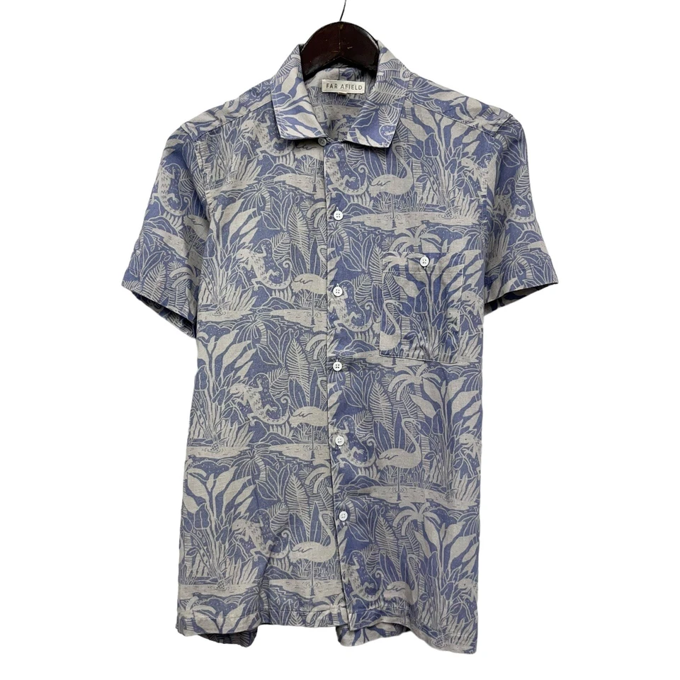 Far Afield Men's Sz 1 Hawaiian Shirt Blue/Taupe Linen Flamingo Iguana Floral euc - Image 2 of 4