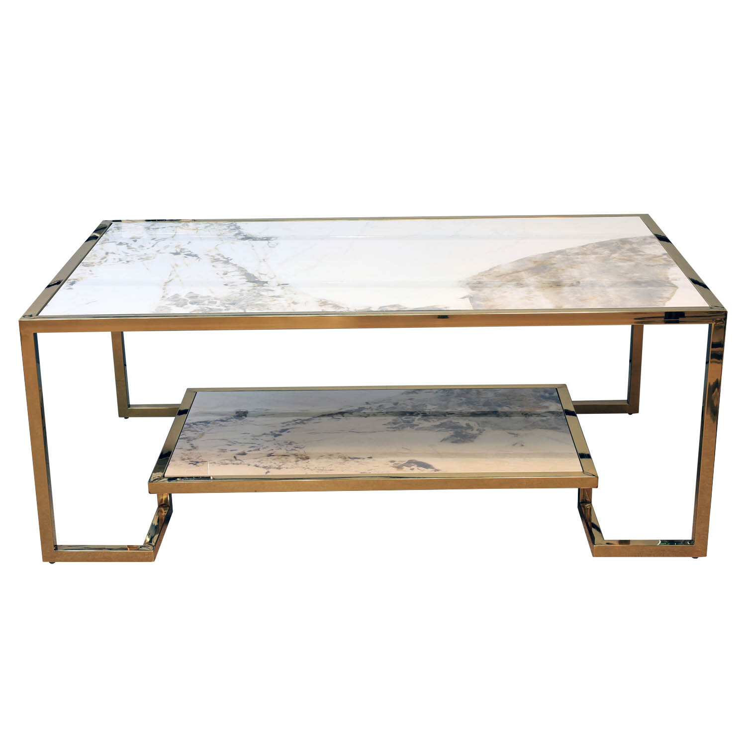2 Tier Sintered Stone Coffee Table with Gold Finish Frame Living Room Furniture
