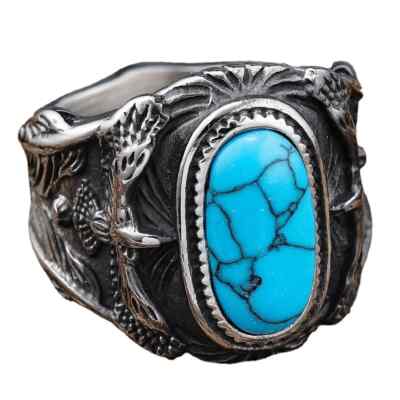 Stainless Steel Fashion Personality Retro Turquoise Eagle Men's Rings Size 7-15