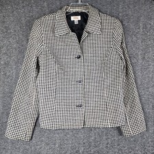 Talbots Blazer Jacket Womens 12 Black White Houndstooth Wool Blend Made in USA