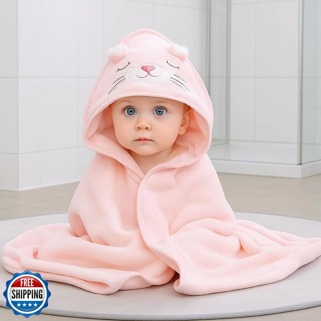 Hooded Baby Bath Towel Set (2 Pack) – Soft and Absorbent Pink and White Anima