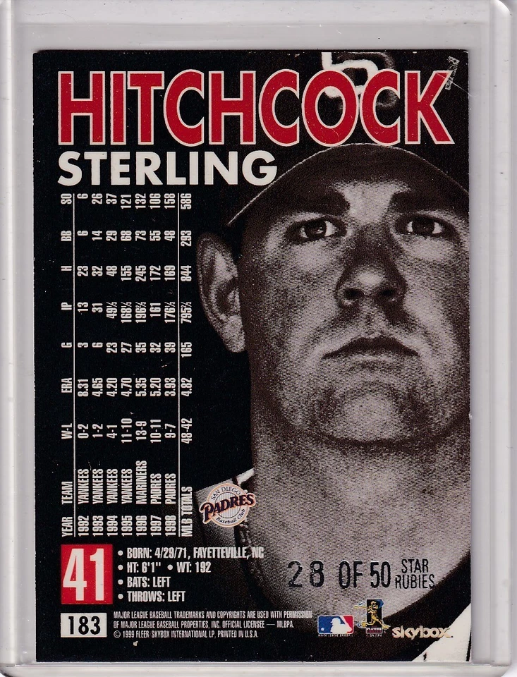 Sterling Hitchcock 28/50 Padres 1999 Skybox Star Ruby #183 - Image 2 of 2