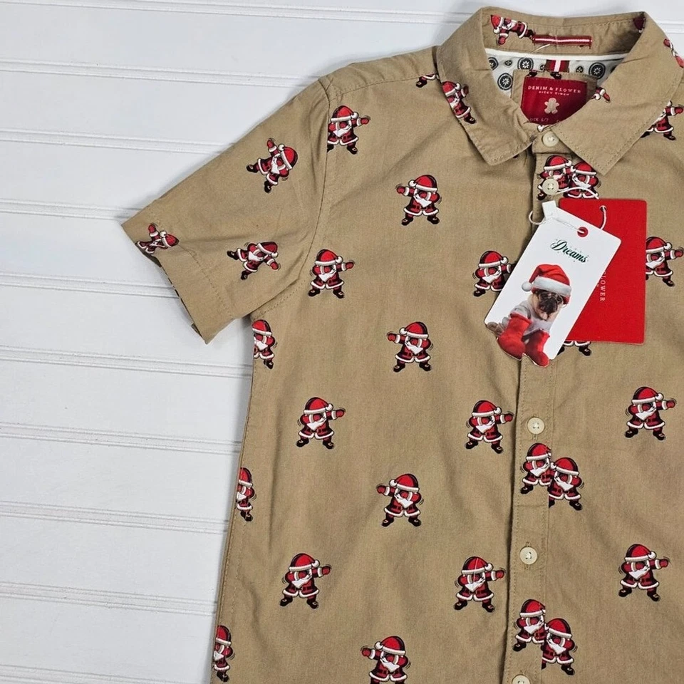 Denim & Flower Santa Dabbing Brown Short Sleeve Button Down Boys Size 6/7 NWT - Image 3 of 4