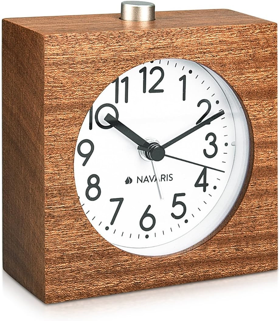 Navaris Square Dark Brown Wooden Alarm Clock Non-ticking Compact Portable
