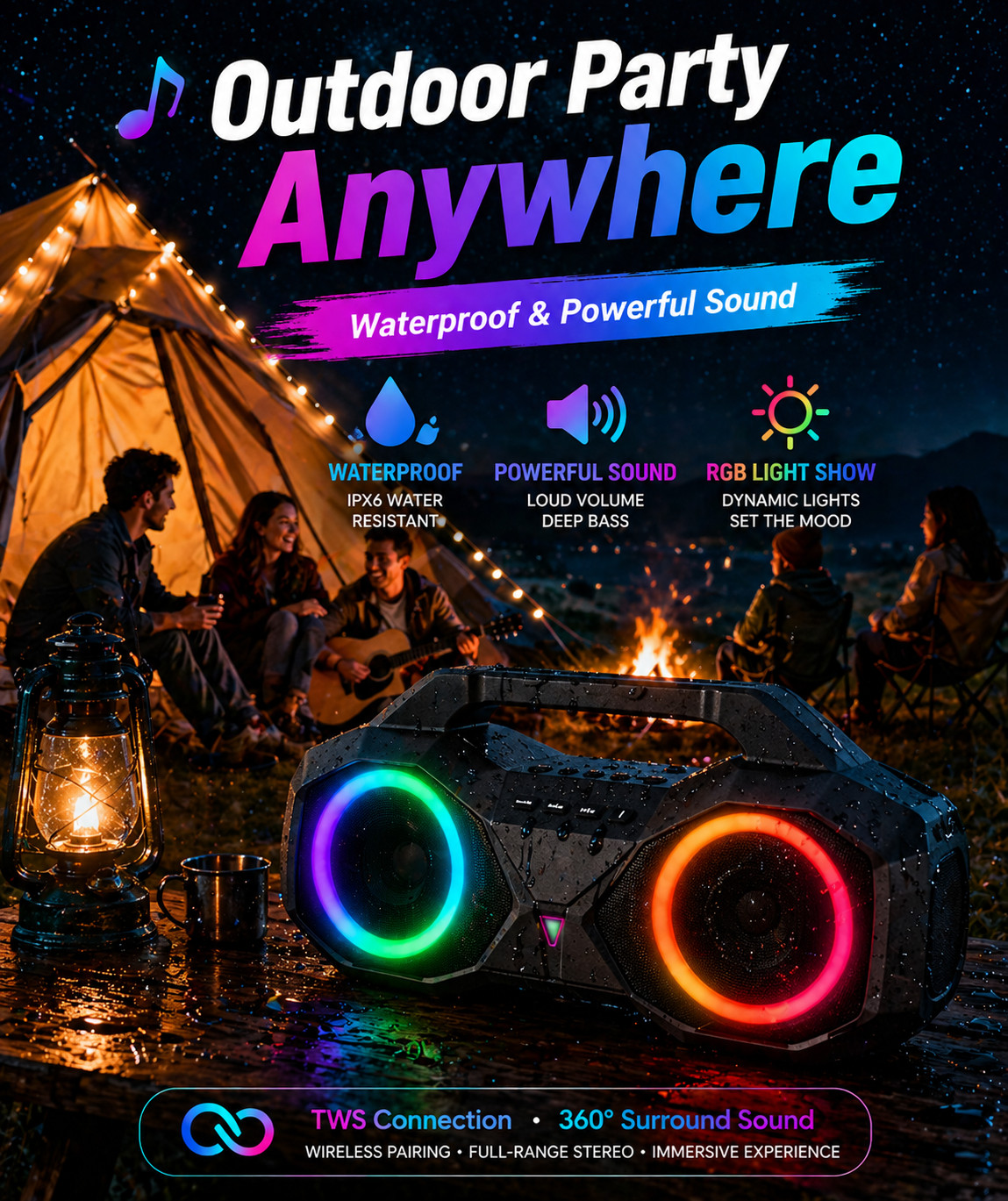 Portable Bluetooth Speaker KIMAG HB1 Wireless 5.3 TWS Bass RGB LED Waterproof