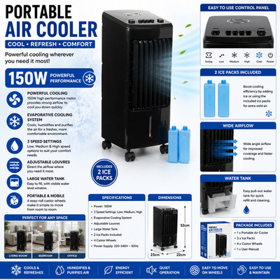 150W Tragbarer Luftkühler Ventilator mit 2 Eisbeuteln 3 Geschwindigkeiten Kühleinheit Räder Schwarz