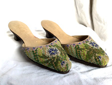 PAIRE SOULIER CHAUSSURE PANTOUFLE PERANAKAN MICRO PERLE CUIR 1900 ANCIEN SLIPPER