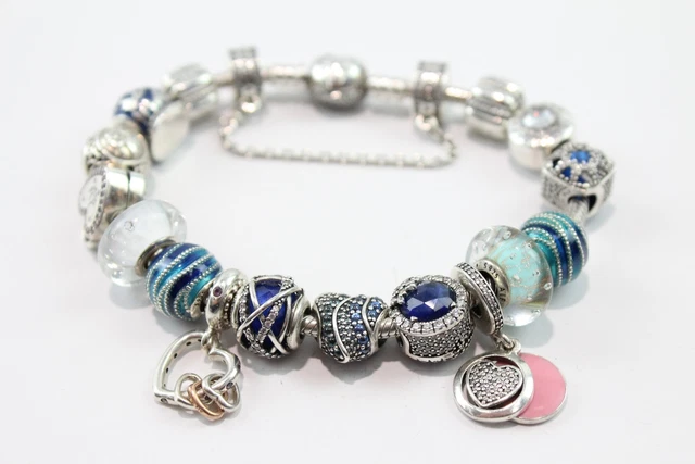 23 Pandora Sterling Silver Charm Bracelet w/ Charms Festive Enamel Stone Set 68g