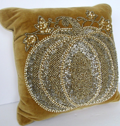 Autumn Hill Decorative Throw Pillow Dijon Velvet Beaded Pumpkin 11" Square