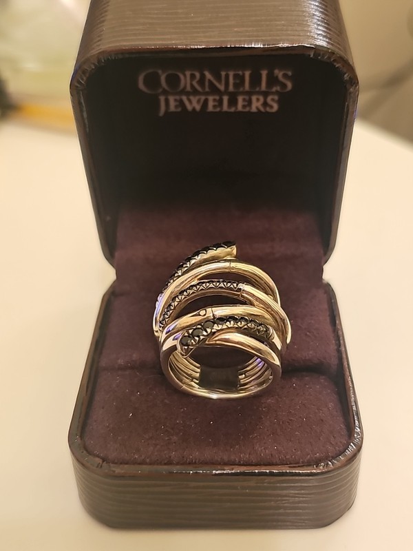 Vintage John Hardy Sterling Silver  Wide Black Sapphire Planted 3 Bamboos Ring
