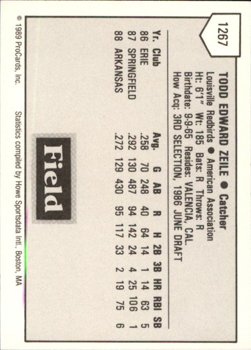 Todd Zeile 1989 ProCards Minor League T/S #1267 RC Louisville Redbirds ** - Picture 2 of 2