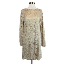 Ralph Lauren Women's Cocktail Dress Size 10 Gold Lace Long Sleeve Mini Sheath
