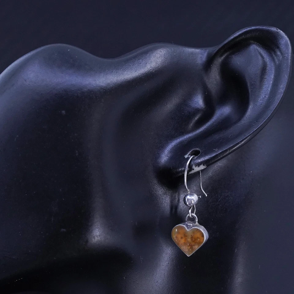 Vintage Mexican sterling silver 925 handmade heart earrings with resin flower - Image 3 of 4